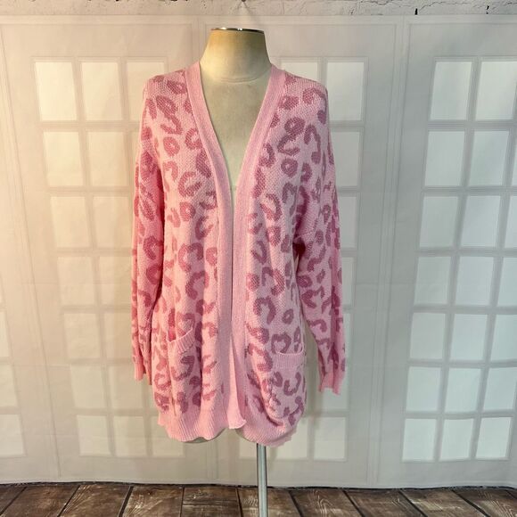 Pink Lily Pink Cheetah Open Front Long Sleeve Cardigan Sweater Small/Medium - Picture 2 of 10